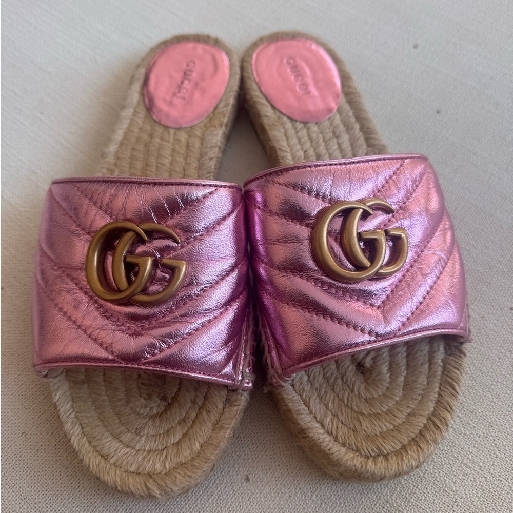 Gucci Pink Metallic Quilted Sandals with Espadrille Soles